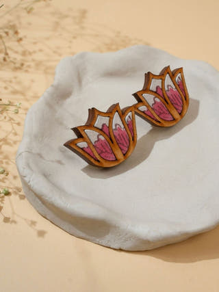 Pink Bloom Lotus Repurposed Fabric and Wood Earrings