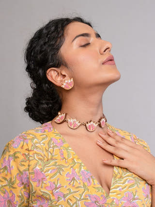 Pink Bloom Lotus Repurposed Fabric and Wood Earrings