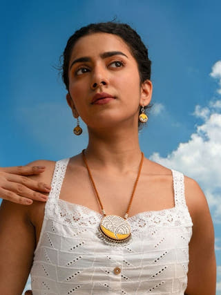 Yellow Repurposed Fabric and Wood Danglers