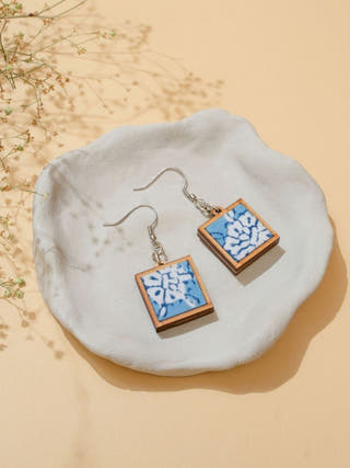 Blue Repurposed Fabric and Wood Square Earrings