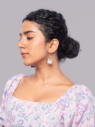 Blue Repurposed Fabric and Wood Square Earrings