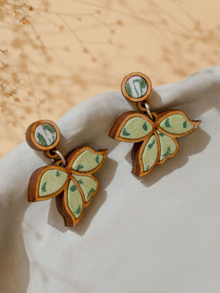 Green Bloom Repurposed Fabric and Wood Leaf Earrings