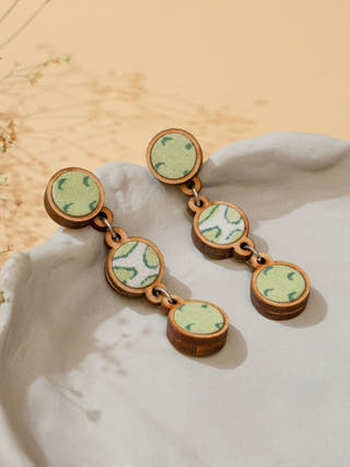 Green Repurposed Fabric and Wood Connecting Round Earrings