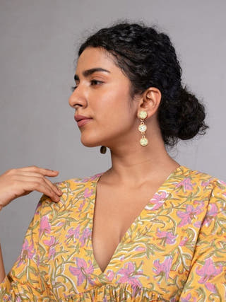 Green Repurposed Fabric and Wood Connecting Round Earrings