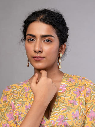 Green Repurposed Fabric and Wood Connecting Round Earrings