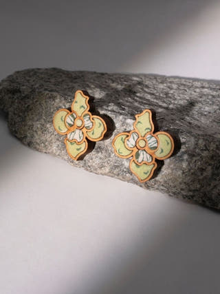 Green Repurposed Fabric and  Wood Flower Stud