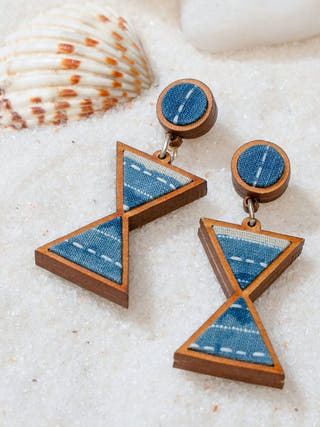 Shades of Indigo Blue Warli Inspired Repurposed Fabric and Wood Earrings