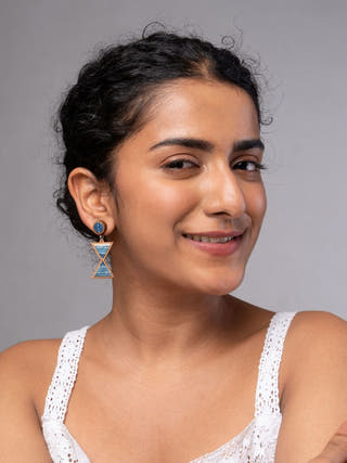 Shades of Indigo Blue Warli Inspired Repurposed Fabric and Wood Earrings