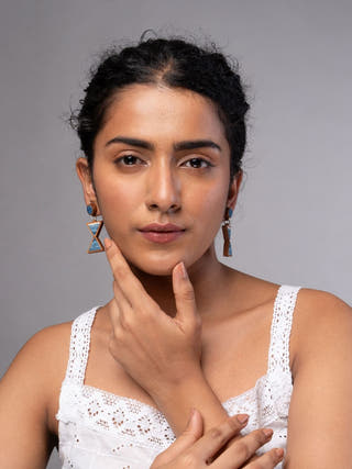 Shades of Indigo Blue Warli Inspired Repurposed Fabric and Wood Earrings