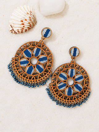Indigo Blue Wheel Repurposed Fabric and Wood Earrings