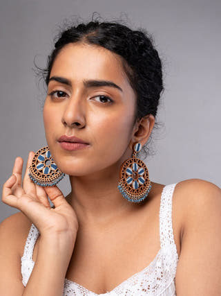 Indigo Blue Wheel Repurposed Fabric and Wood Earrings