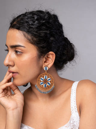 Indigo Blue Wheel Repurposed Fabric and Wood Earrings