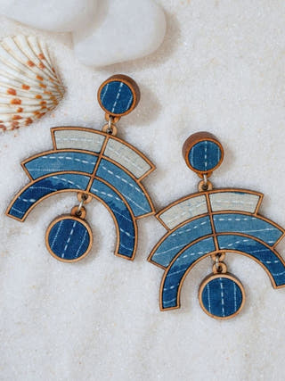 Shade of Indigo Blue Arch Repurposed Fabric and Wood Earrings