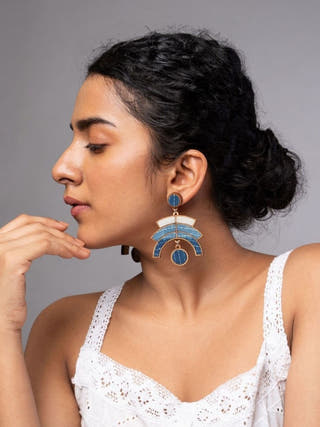 Shade of Indigo Blue Arch Repurposed Fabric and Wood Earrings