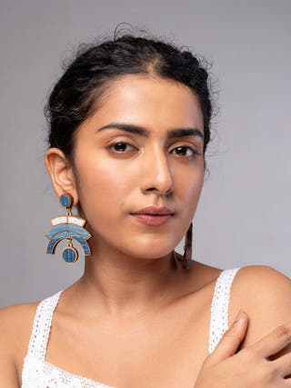 Shade of Indigo Blue Arch Repurposed Fabric and Wood Earrings