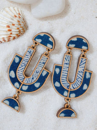 Indigo Blue Repurposed Fabric and Wood Statement Earrings
