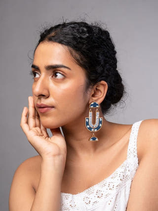 Indigo Blue Repurposed Fabric and Wood Statement Earrings