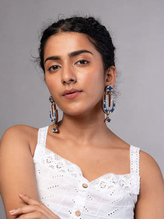Indigo Blue Repurposed Fabric and Wood Statement Earrings