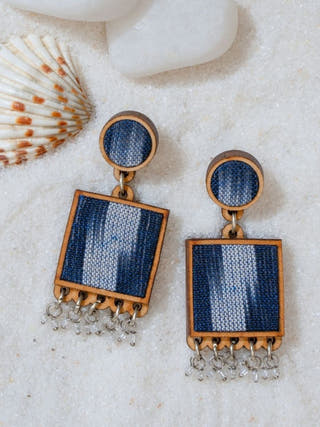 Blue Ikat Fabric and Repurposed Wood Square Danglers