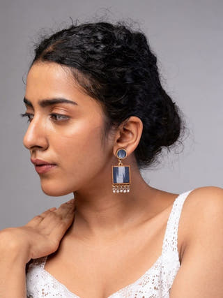 Blue Ikat Fabric and Repurposed Wood Square Danglers