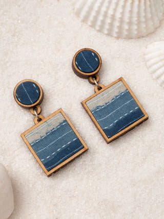 Shades of Indigo Blue Repurposed Fabric and Wood Square Danglers