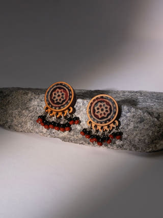 Multicolor Ajrakh Repurposed Fabric and Wood Round Studs