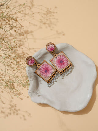 Floral Pink Square Repurposed Fabric and Wood Earrings