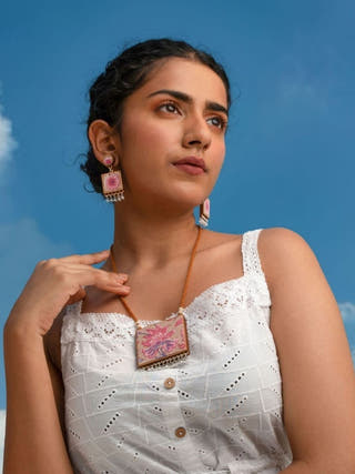 Floral Pink Square Repurposed Fabric and Wood Earrings