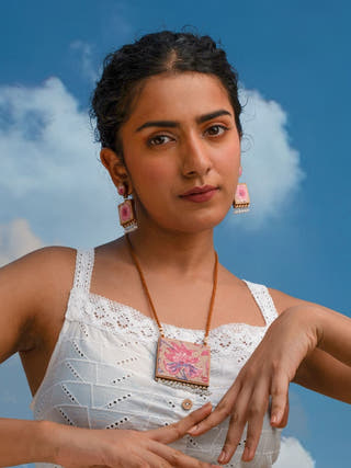 Floral Pink Square Repurposed Fabric and Wood Earrings