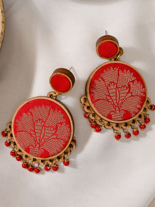 Red Festive Fabric and Repurposed Wood Round Danglers