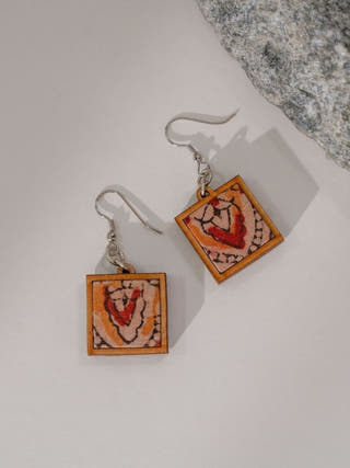 Red Repurposed Kalamkari Fabric and Repurposed Wood Earrings