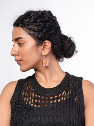 Red Repurposed Kalamkari Fabric and Repurposed Wood Earrings