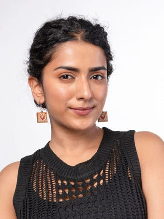 Red Repurposed Kalamkari Fabric and Repurposed Wood Earrings