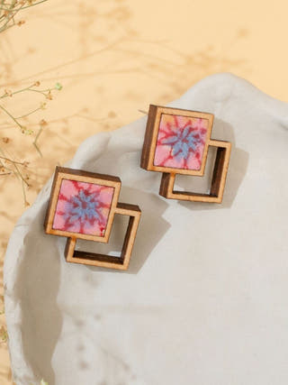 Double Square Pink Repurposed Fabric and Wood Earrings