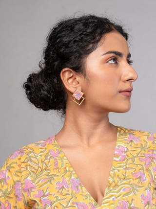 Double Square Pink Repurposed Fabric and Wood Earrings