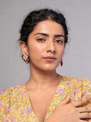 Double Square Pink Repurposed Fabric and Wood Earrings