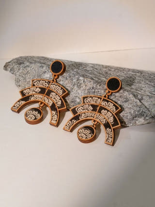 Black Kalamkari Floral Arch Repurposed Fabric and Wood Statement Earrings