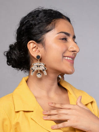 Black Kalamkari Floral Arch Repurposed Fabric and Wood Statement Earrings