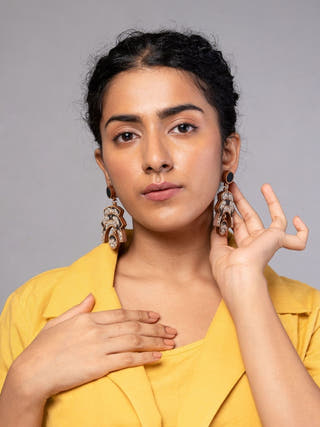 Black Kalamkari Floral Arch Repurposed Fabric and Wood Statement Earrings