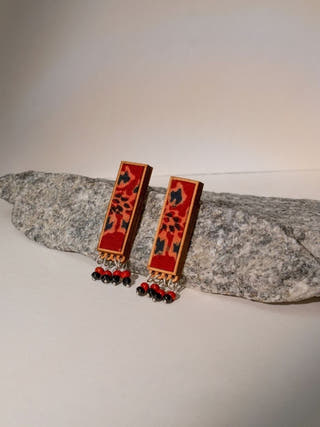 Red Ajrakh Repurposed Fabric and Wood Studs with Beads
