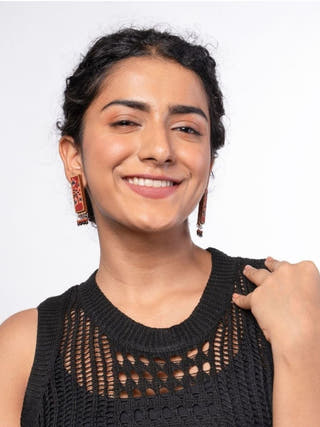 Red Ajrakh Repurposed Fabric and Wood Studs with Beads