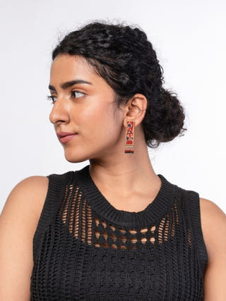 Red Ajrakh Repurposed Fabric and Wood Studs with Beads