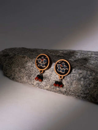 Ajrakh Multicolour Repurposed Fabric and Wood Stud Earrings