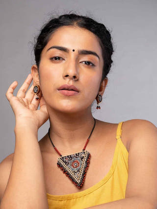 Ajrakh Multicolour Repurposed Fabric and Wood Stud Earrings