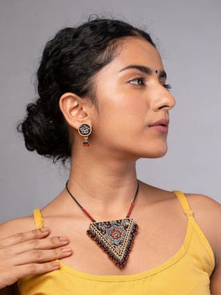 Ajrakh Multicolour Repurposed Fabric and Wood Stud Earrings