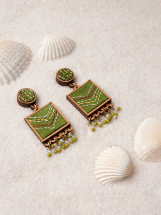 Kantha Green Repurposed Silk Fabric and Wood Earrings