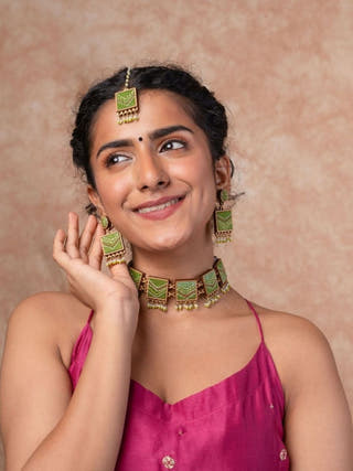 Kantha Green Repurposed Silk Fabric and Wood Earrings