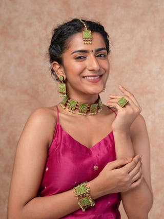 Kantha Green Repurposed Silk Fabric and Wood Earrings