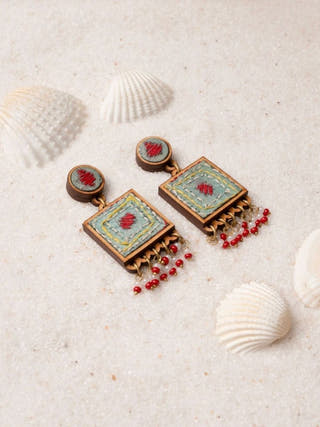 Kantha Columbia Blue Repurposed Silk Fabric and Wood Earrings