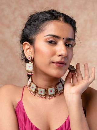 Kantha Columbia Blue Repurposed Silk Fabric and Wood Earrings